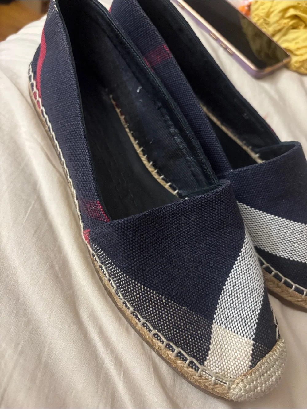 Burberry Navy Plaid Canvas Espadrille Flats with Cream Stripes
